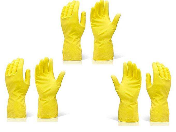 Rubber Hand Gloves Reusable Washing Cleaning Kitchen Garden (Color May Vary) (3 Pairs)