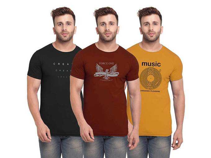 BULLMER Mens Halfsleeve Round Neck Printed Cotton Tshirt - Combo Tshirt - Pack of 3