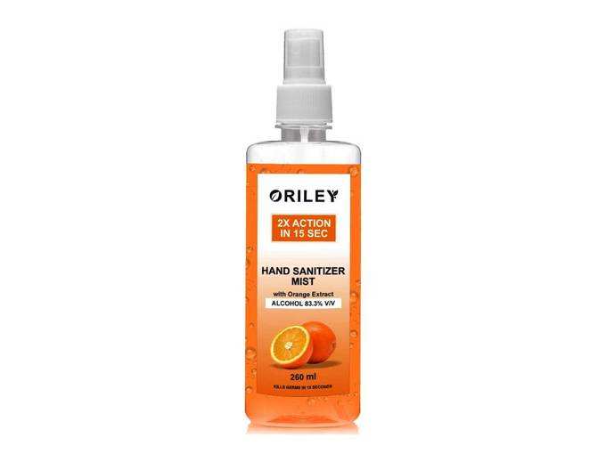 ORILEY 2X Action Hand Sanitizer Mist with Orange Extract 83.3% Ethyl Alcohol Spray-based Liquid Rinse-free Germ Protection Palm Handrub (260ml)