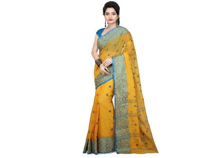 WoodenTant Women’s Soft Cotton Handloom Saree without Starch In Yellow