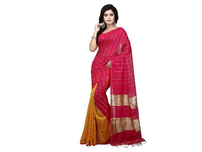 WoodenTant Handloom Cotton Silk Zari Saree In Pink & Yellow