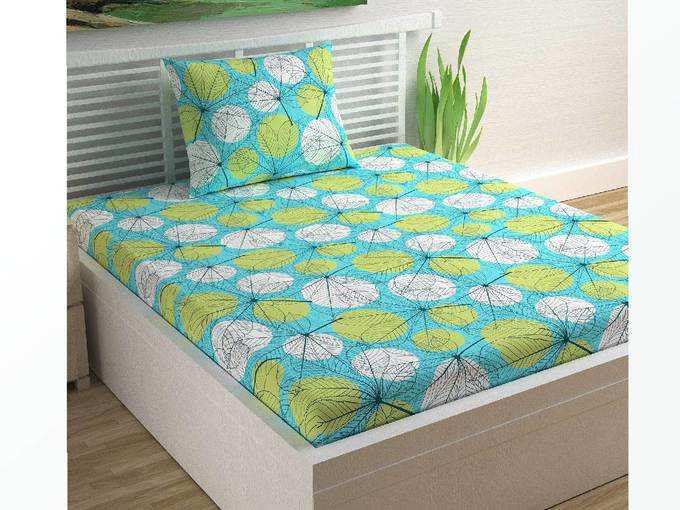 Divine Casa Sense Cotton 104 TC Single Bedsheet with Pillow Cover - Floral, Turquoise Blue