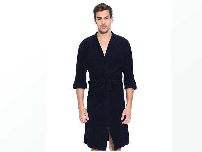 Elevanto Collection 3/4Th Sleeve Terry Cotton Bathrobe-Free Size-Men(Navy Blue)