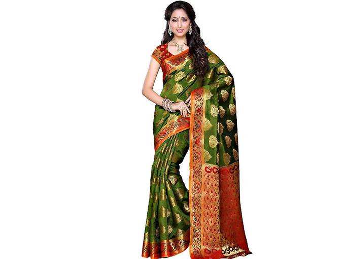 MIMOSA Women&#39;s Artificial Silk Saree with Blouse Piece (161-OLV-RD _Red and Olive)