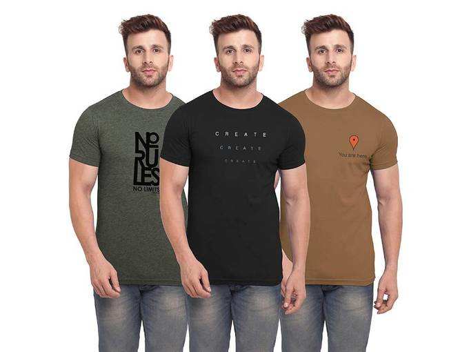 BULLMER Mens Halfsleeve Round Neck Printed Cotton Tshirt - Combo Tshirt - Pack of 3