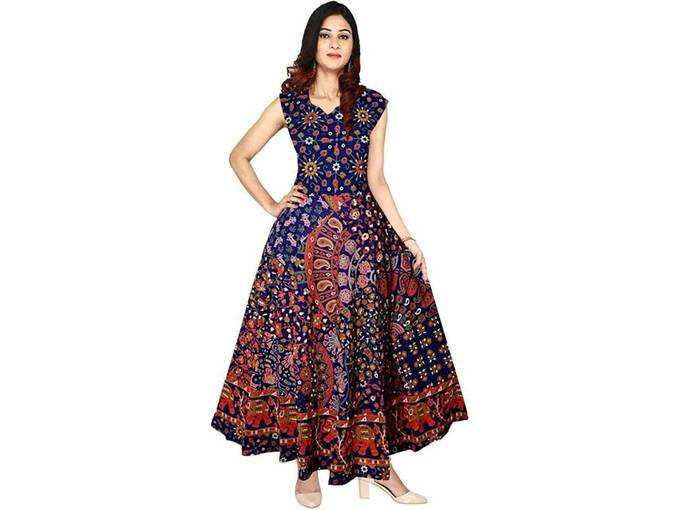 G for Girl Womens Multicolor Jaipuri Rajasthani Printed Cotton Maxi Frock Long Kurti