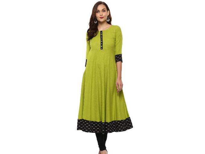 Yash Gallery Womens Cotton Slub Printed Anarkali Kurta(Green)