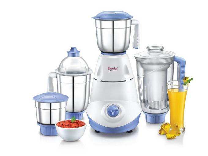 Prestige Iris 750 Watt Mixer Grinder with 3 Stainless Steel Jar + 1 Juicer Jar (White and Blue)