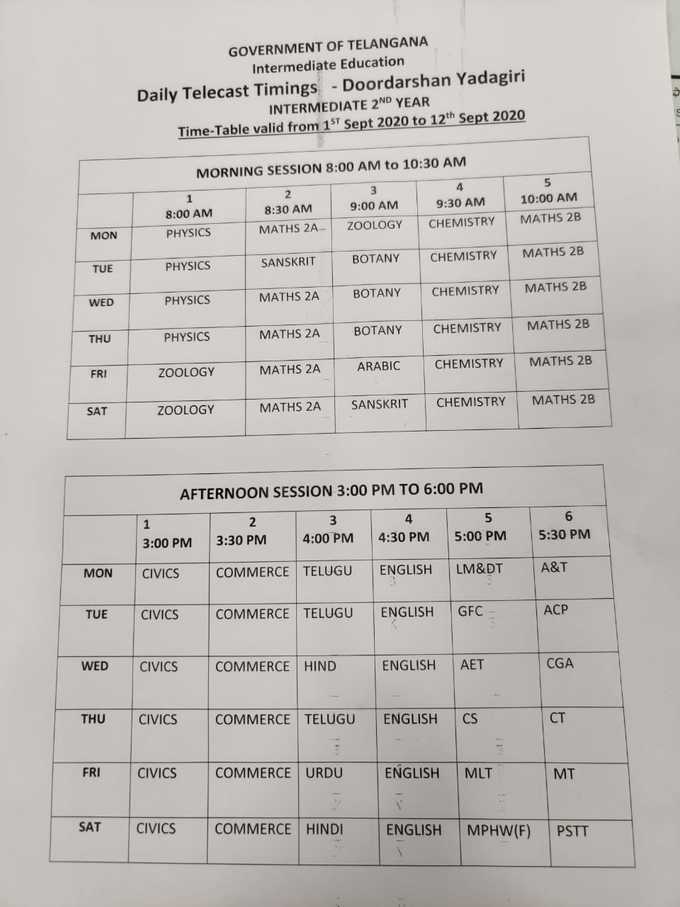 ఇంటర్‌ ఆన్‌లైన్‌ క్లాసుల టైమ్‌ టేబుల్‌