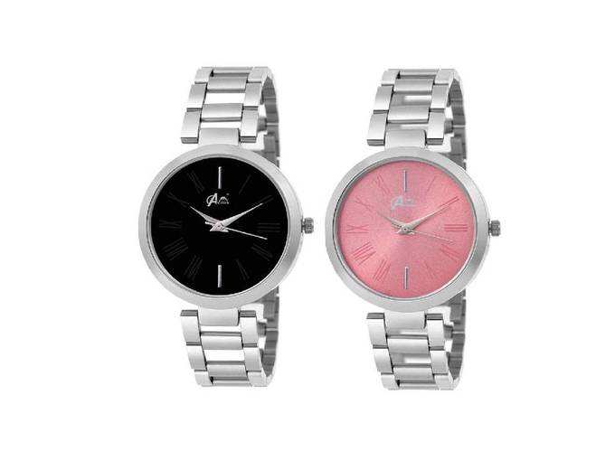 Acnos Black and Pink Dial Steel Strap Analogue Watches Combo for Girl&#39;s and Women&#39;s Pack of - 2(JL-Black-Pink DIAL)