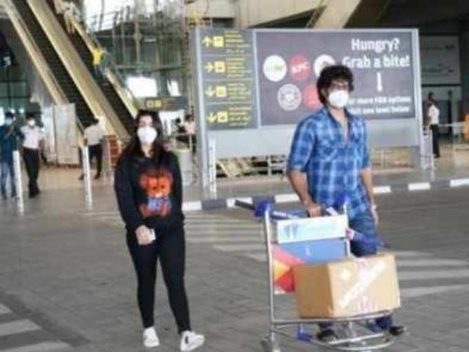 Nikki Galrani and Aadhi at Airport