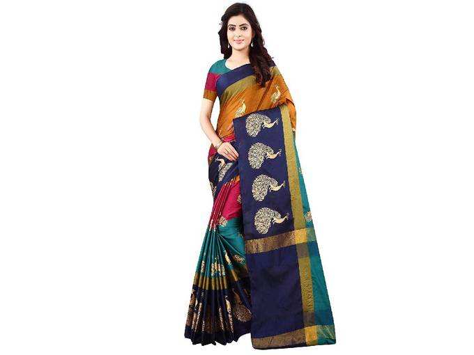 DHRUVI TRENDZ Women&#39;s Banarasi Cotton Silk Saree With Blouse Piece