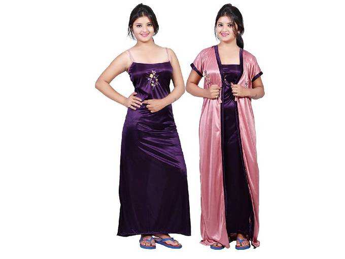 TRUNDZ Women&#39;s Satin Full Length Nighty Sleep Wear, (Purple and Pink, 538)
