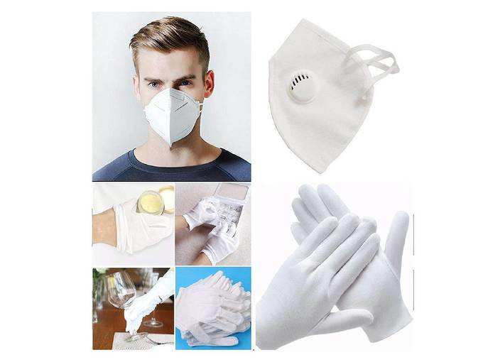 Rai® Re-usable, Washable, 100% Pure Cotton 2 Mask and 2 set White Cotton Hand Gloves to Protect from Fine Dust, Air-Pollution, Bacteria. Free Size Pack of 2