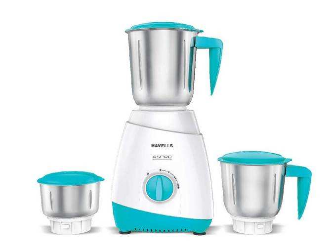 Havells ASPRO 500 Watt Mixer Grinder with 3 Stainless Steel Jar (White &amp; Light Blue) with 5 Year Motor Warranty