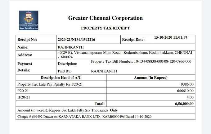 Receipt of amount paid by rajinikanth