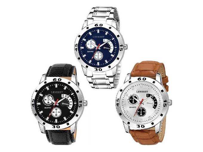 LEVERET Quartz Movement Analogue Display Multicoloured Dial Men&#39;s Watch Combo Pack of 3