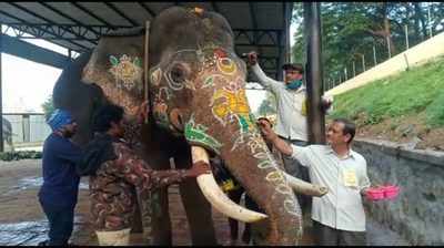 ಜಂಬೂ ಸವಾರಿಯ ಗಜಪಡೆಗೆ ಕಲಾವಿದರಿಂದ ಸಿಂಗಾರ; ನಾಡದೇವತೆಯನ್ನು ಹೊರಲು ಕ್ಯಾಪ್ಟನ್ ಅಭಿಮನ್ಯು ರೆಡಿ..!