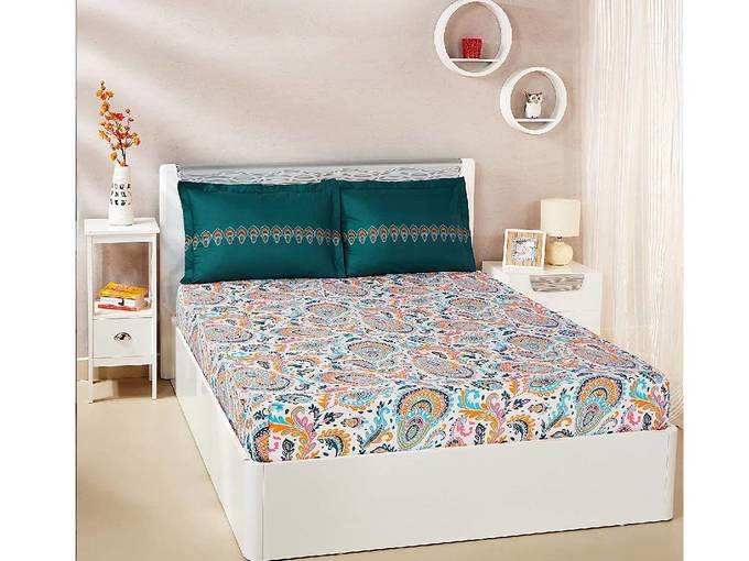 Amazon Brand - Solimo Paisley Preen 144 TC 100% Cotton Double Bedsheet with 2 Pillow Covers, Green and Orange