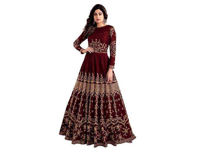 Fast Fashions Womens Embroidered Taffeta Silk Semi Stitched Anarkali Gown (Maroon_Free Size)