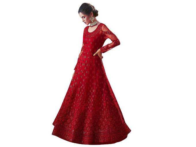 Fancy Lifestyle Net With Soft Silk Inner Semi-Stitched Designer Gown Suit for women (Semi-Stitched)