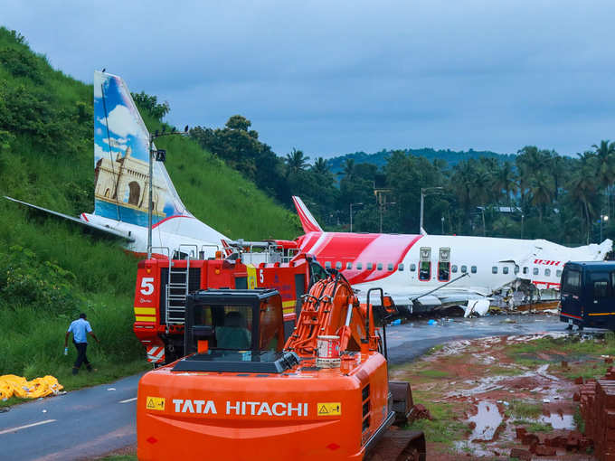 The wreckage of an Air India Express jet at Calicut International Airport in Karipur, Kerala.