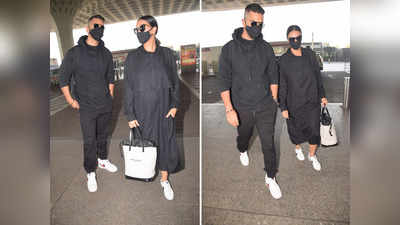 अंगद बेदी-नेहा धूपिया का एयरपोर्ट पर मैचिंग ब्लैक ऐंड वाइट लुक, ऐक्ट्रेस के हाथ में दिखा लग्जरी लेबल का बैग