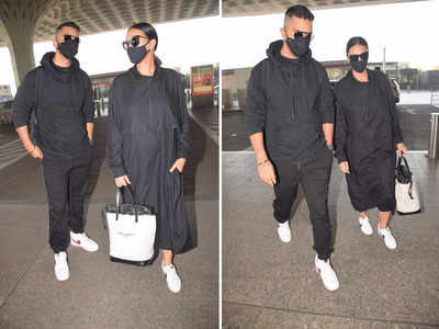अंगद बेदी-नेहा धूपिया का एयरपोर्ट पर मैचिंग ब्लैक ऐंड वाइट लुक, ऐक्ट्रेस के हाथ में दिखा लग्जरी लेबल का बैग