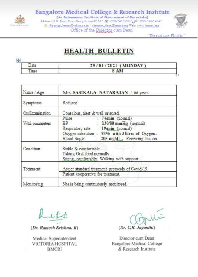 sasikala health report