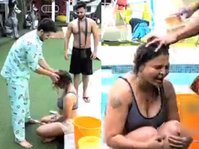 Bigg Boss 14: गार्डन एरिया में राखी सावंत को नहलाते दिखे अली गोनी और राहुल वैद्य, किया शैंपू