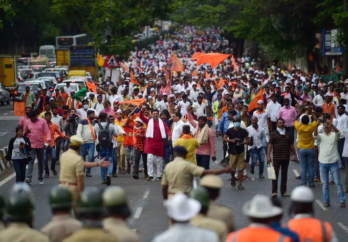 Bengaluru: Members of the Panchamasali (Lingayat) community during a rally deman...