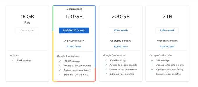 Google One Pricing In India