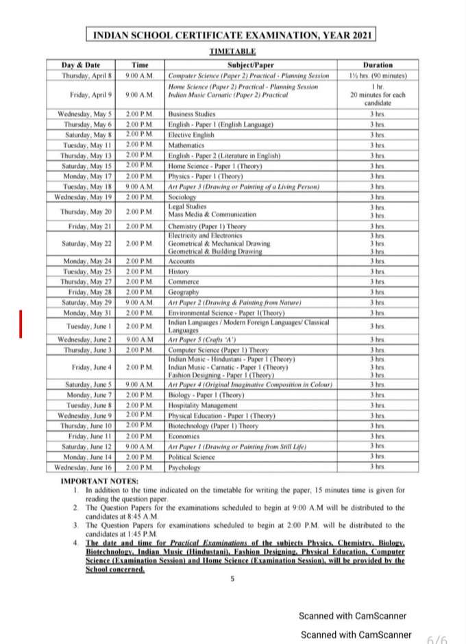 isc 12th time table