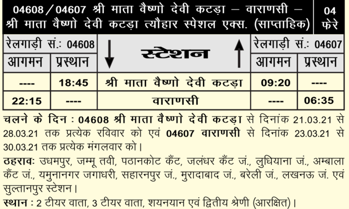 कटड़ा से वाराणसी तक तक चलेगी ट्रेन