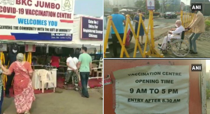 महाराष्ट्र: मुंबई में वीकेंड लॉकडाउन के बीच टीका लगवाने पहुंचे बुजुर्ग (तस्वीरें बीकेसी टीकाकरण केंद्र से)। COVID19 टीकाकरण के लिए टीका उत्सव आज, 14 अप्रैल से शुरू होगा।