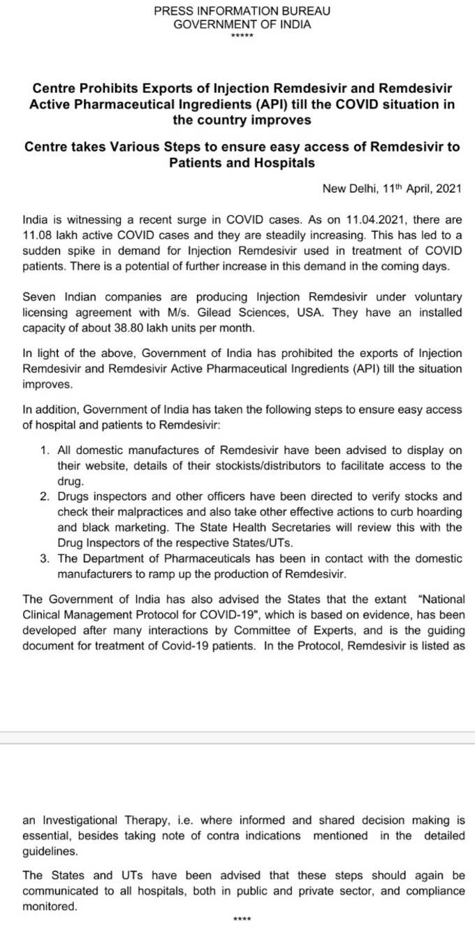 सरकार ने रेमडेसिविर इंजेक्शन और Remdesivir Active Pharmaceutical Ingredients (API) के निर्यात पर रोक लगा दी है। सरकार ने नोटिस जारी कर दिया है।