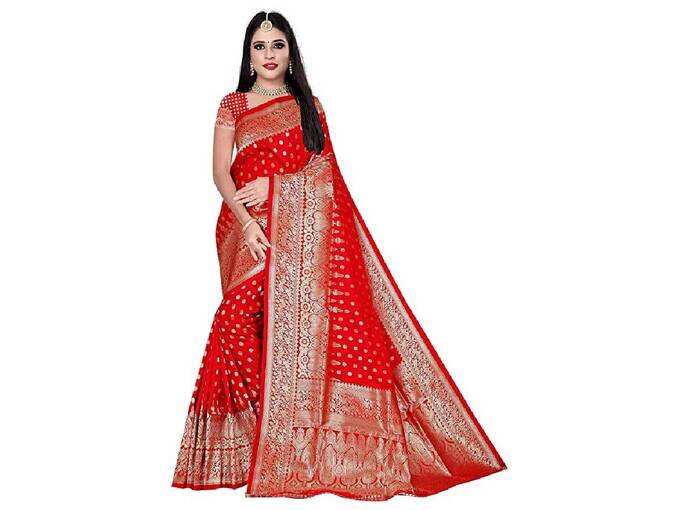 Paalki Women&#39;s Red Banarasi Woven Art Silk Saree with Blouse