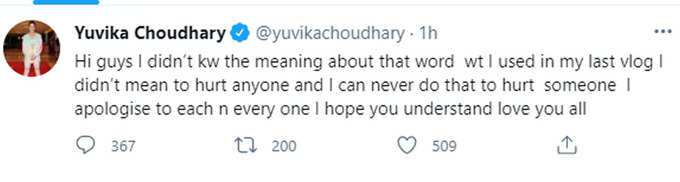 yuvika apology tweet