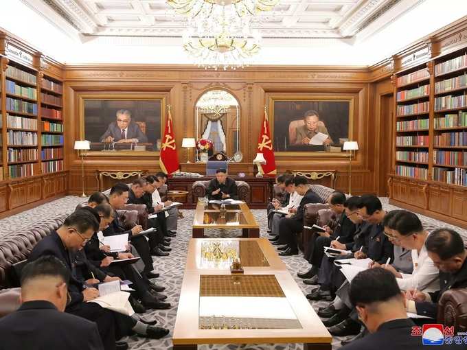 KCNA image of North Korean leader Kim Jong Un at a meeting with senior officials from the Workers&#39; Party of Korea (WPK) Central Committee and Provincial Party Committees in Pyongyang.