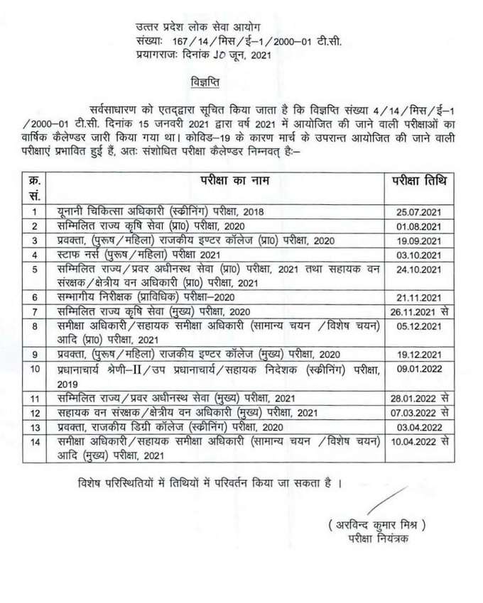 UPPSC EXAM Calendar 2021