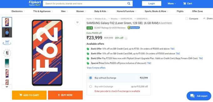 Samsung Galaxy F62 Flipkart Offers