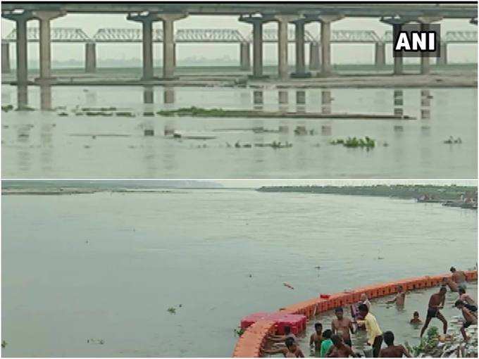 उत्तर प्रदेश: प्रयागराज में बारिश के बाद गंगा नदी का जलस्तर बढ़ा।