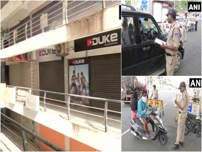 मध्य प्रदेश: भोपाल में वीकेंड लॉकडाउन के दौरान सभी दुकानें बंद हैं। इस दौरान पुलिसकर्मी वाहनों की जांच कर रहे हैं।