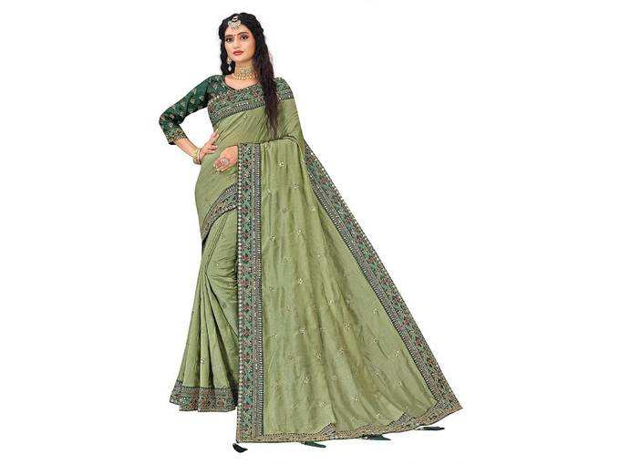 Perilife Women&#39;s embroidery Green Silk Saree with latest design for party wear for women With Blouse