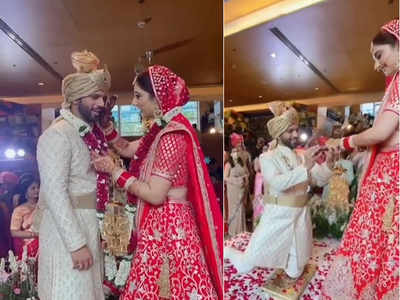 Rahul Vaidya-Disha Parmar wedding: दुल्हन बनीं दिशा परमार को देख राहुल वैद्य ने टेके घुटने, जयमाल का वीडियो हो रहा वायरल