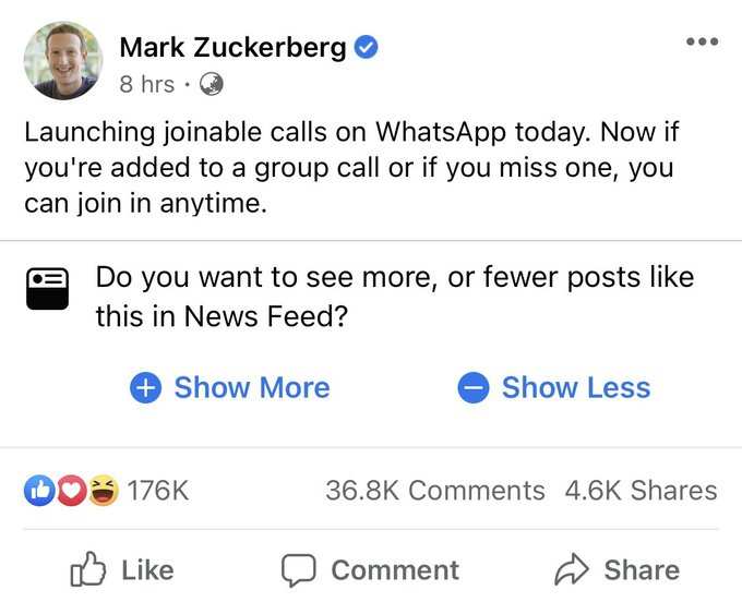 WhatsApp Joinable Calls Announcement By Mark Zuckerberg