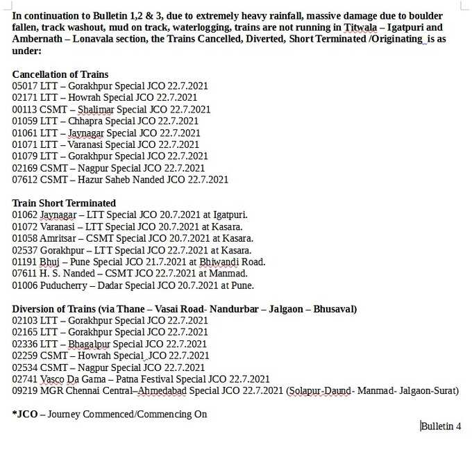 मुंबई में लगातार हो रही भारी बारिश से यातायात भी प्रभावित हुआ है। रेलवे ट्रैक पर पानी भरने और डैमेज की वजह से कई ट्रेनों की आवाजाही प्रभावित हुई है। कुछ ट्रेनों को कैंसल किया गया है, कुछ को शॉर्ट टर्मिनेट किया गया है तो वहीं, कुछ को डायवर्ट किया गया है। देखिए पूरी लिस्ट...