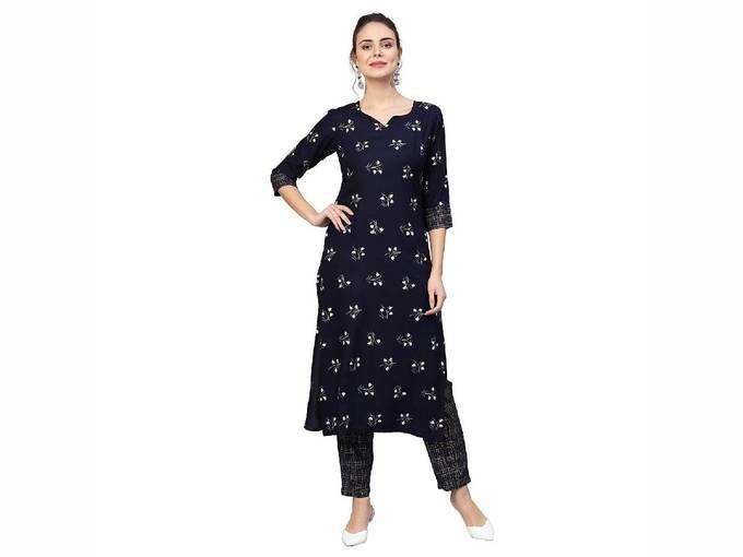 Idalia Women&#39;s Navy Blue Khari Gold Print Rayon Kurta Set