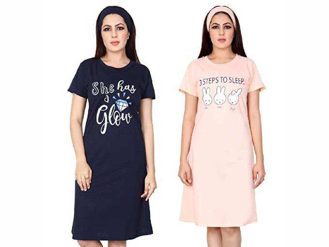 Jack n Dack Women&#39;s Printed Soft and Silky 100% Cotton Nighty Nightdress Nightwear Knee Length Short Sleeve Breathable with Stylish Print