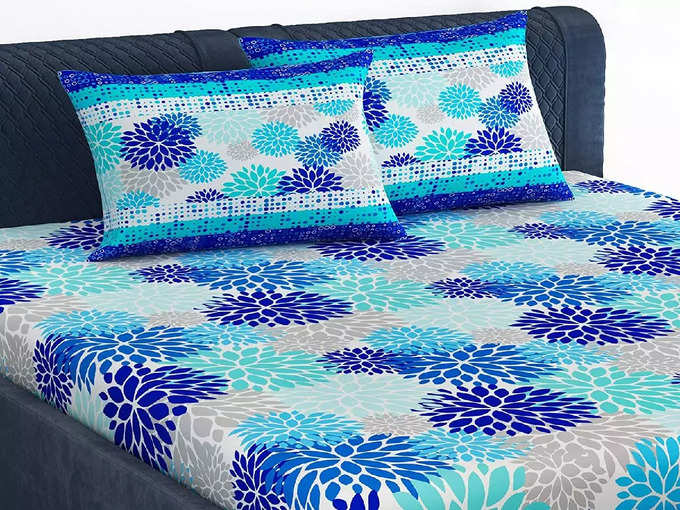 Divine Casa 100% Cotton Floral Print King Bed Sheet with 2 Pillow Covers for King Size &amp; Double Bed, Navy Blue &amp; Blue